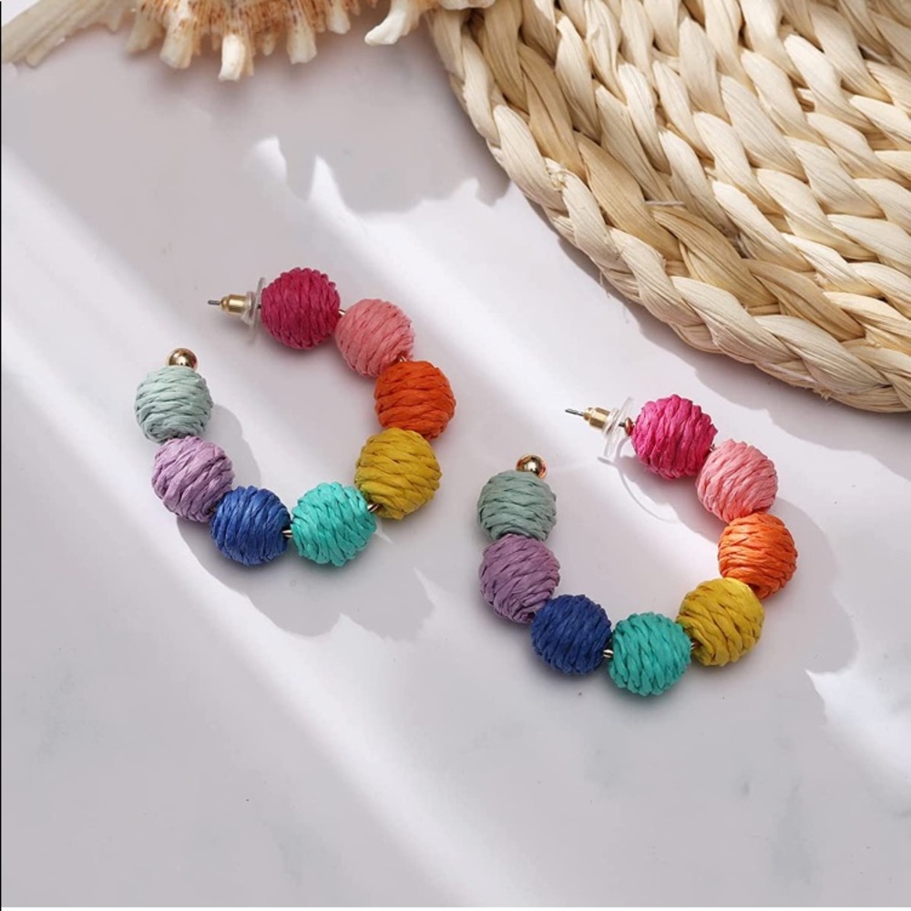 Beaches R Mah Jam⛵️🌴🌺Bohemian Boho Handmade Raffia Rainbow Statement Ear… - Picture 5 of 10
